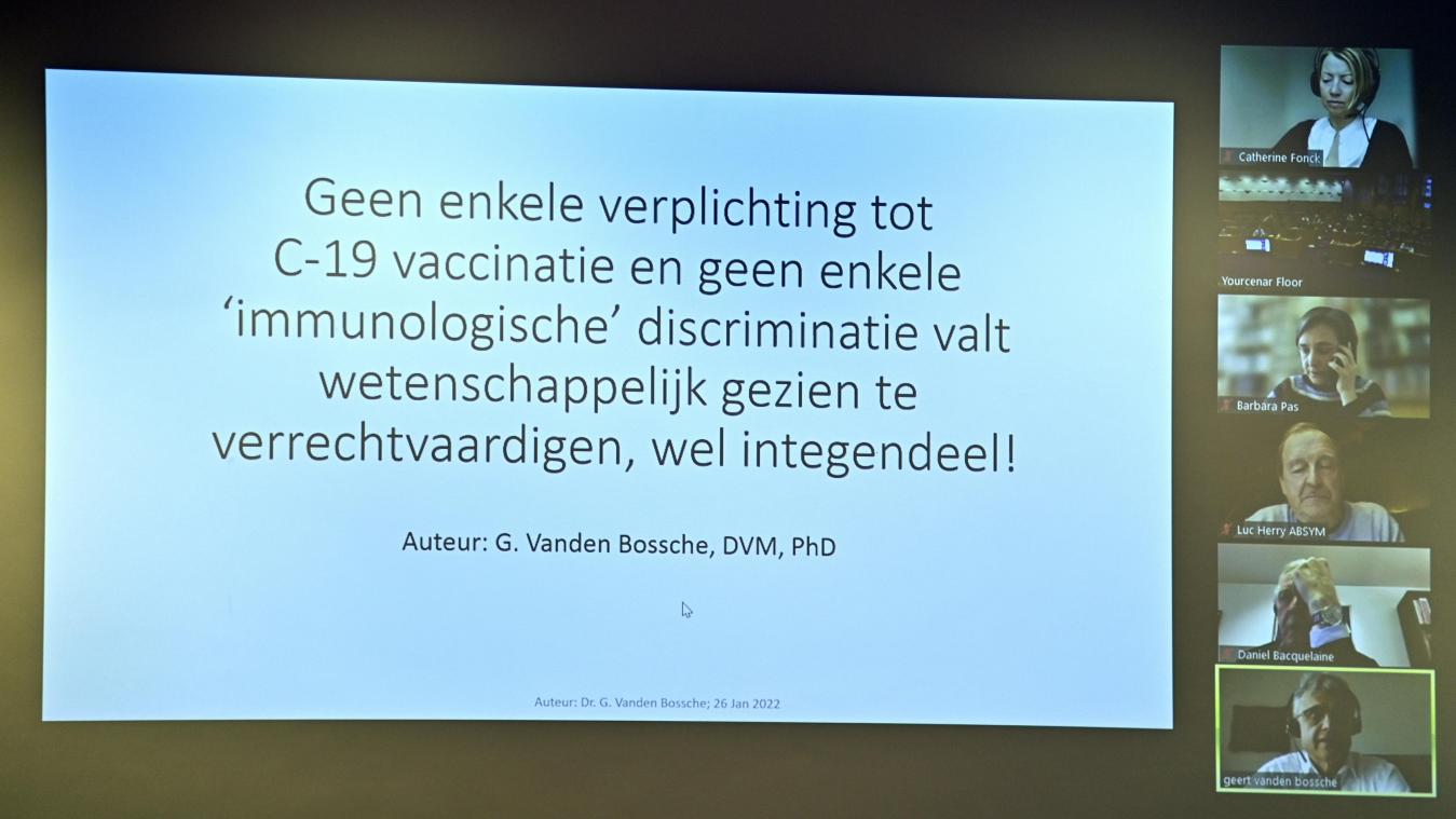 <p>Die meisten Experten waren per Video ins Parlament zugeschaltet. Hier die Aussage „Keine Impfpflicht kann wissenschaftlich rechtfertigt werden“ von Geert Vanden Bossche (u.r.).</p>