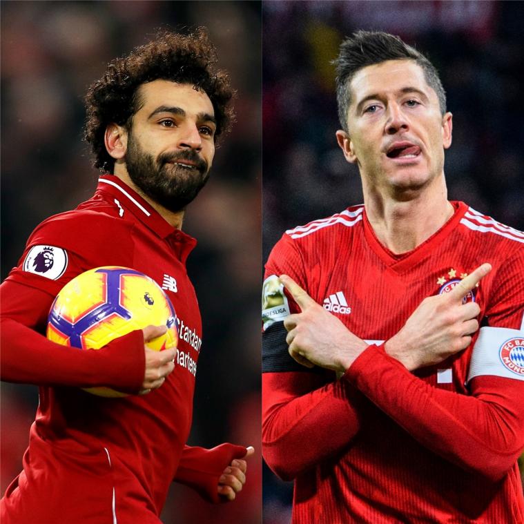 <p>Eines der mit Spannung erwarteten Duelle liefern sich Stürmer „Mo“ Salah (l.) und Robert Lewandowski.</p>