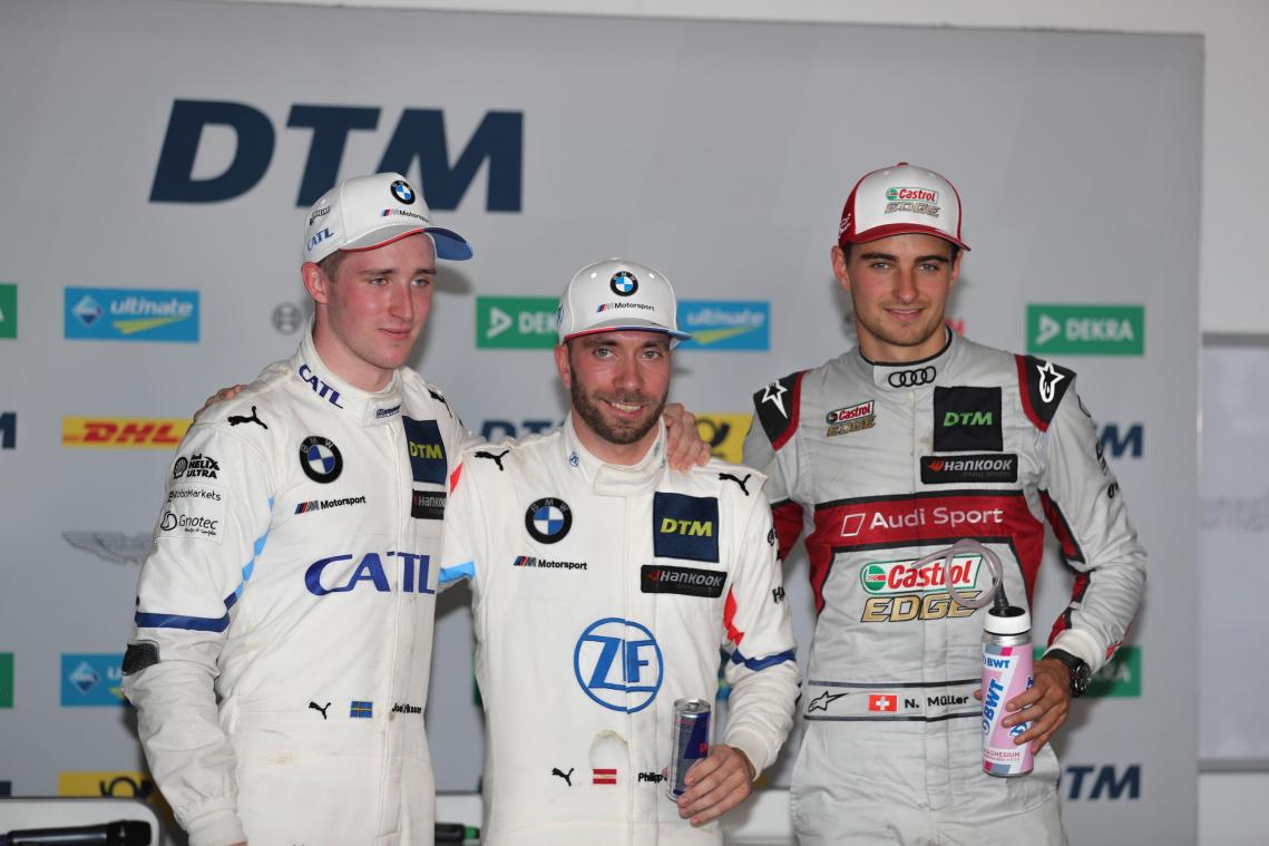 <p>Das Trio auf dem Podium in Zolder (v.l.): Joel Eriksson (3.), Philipp Eng (1.) und Nico Müller (3.).</p>