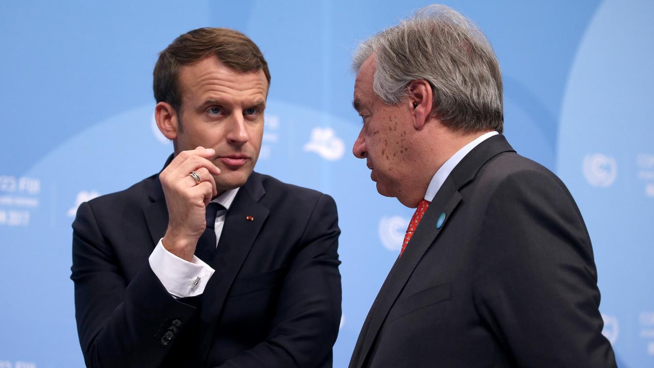 <p>Emmanuel Macron (links) und Antonio Guterres machen für den Libanon mobil.</p>