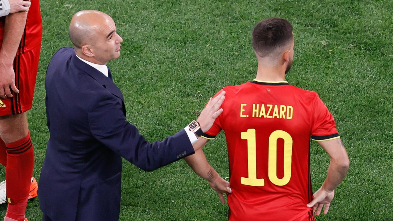 <p>Seit seinem Wechsel zu Real Madrid befand sich Eden Hazard (rechts) auf dem absteigenden Ast. Bei der EM blüht der 30-Jährige auf einmal wieder auf - auch dank Coach Roberto Martinez (links).</p>