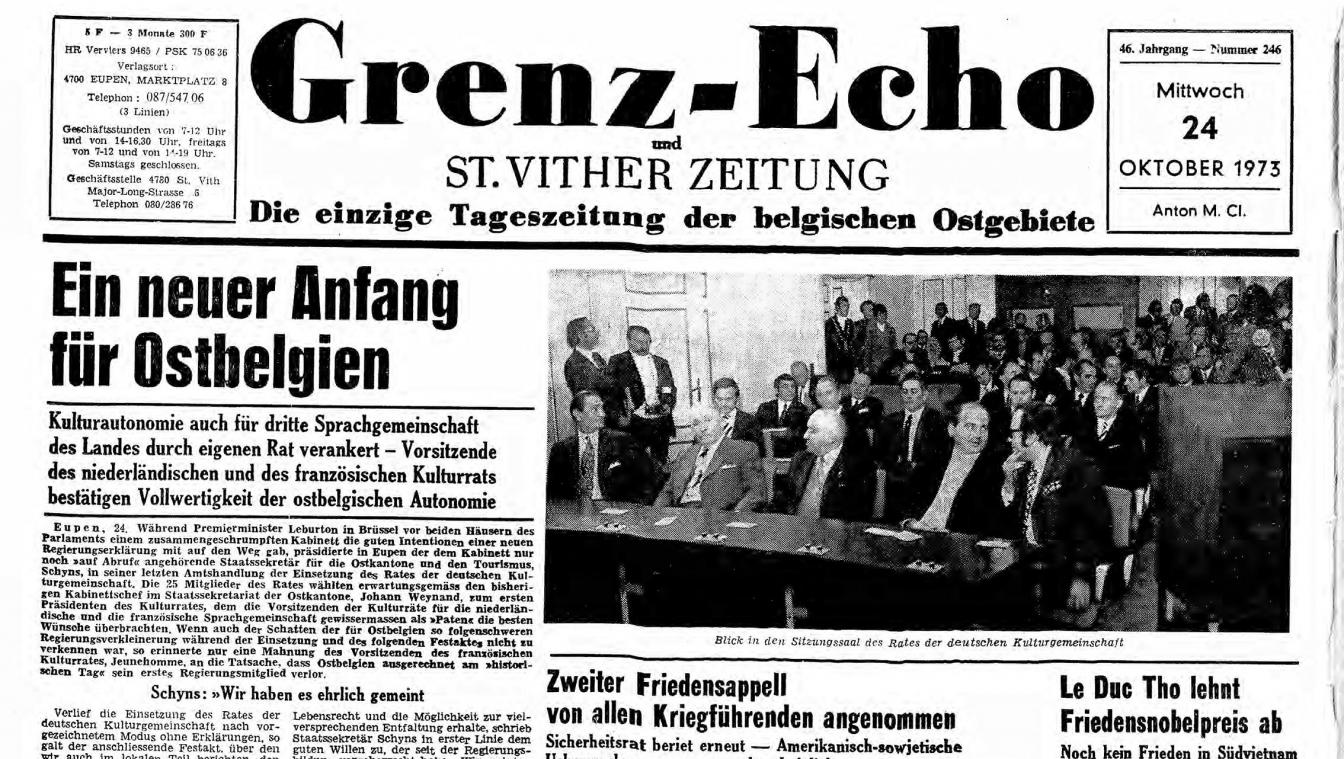 <p>Blick auf die Titelseite des GrenzEcho auf der über die Einsetzung des Rates der deutschen Kulturgemeinschaft (RdK) berichtet wurde. 50 Jahre Autonomie möchte die DG mit einem besonderen Programm begehen.</p>