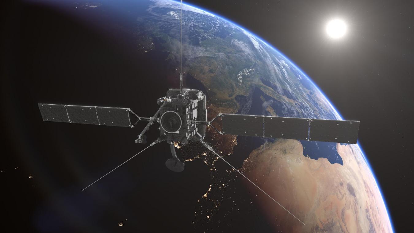 <p>Künstlerische Darstellung von der Forschungssonde «Solar Orbiter» bei einem Vorbeiflug an der Erde.</p>