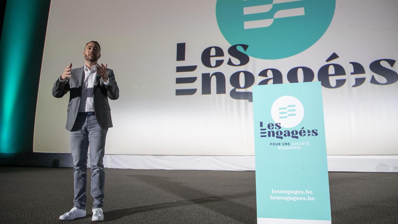 <p>Der Vorsitzende von Les Engagés, Maxime Prevot, während seiner Rede auf dem Parteitag der französischsprachigen christlich-humanistischen Partei.</p>
