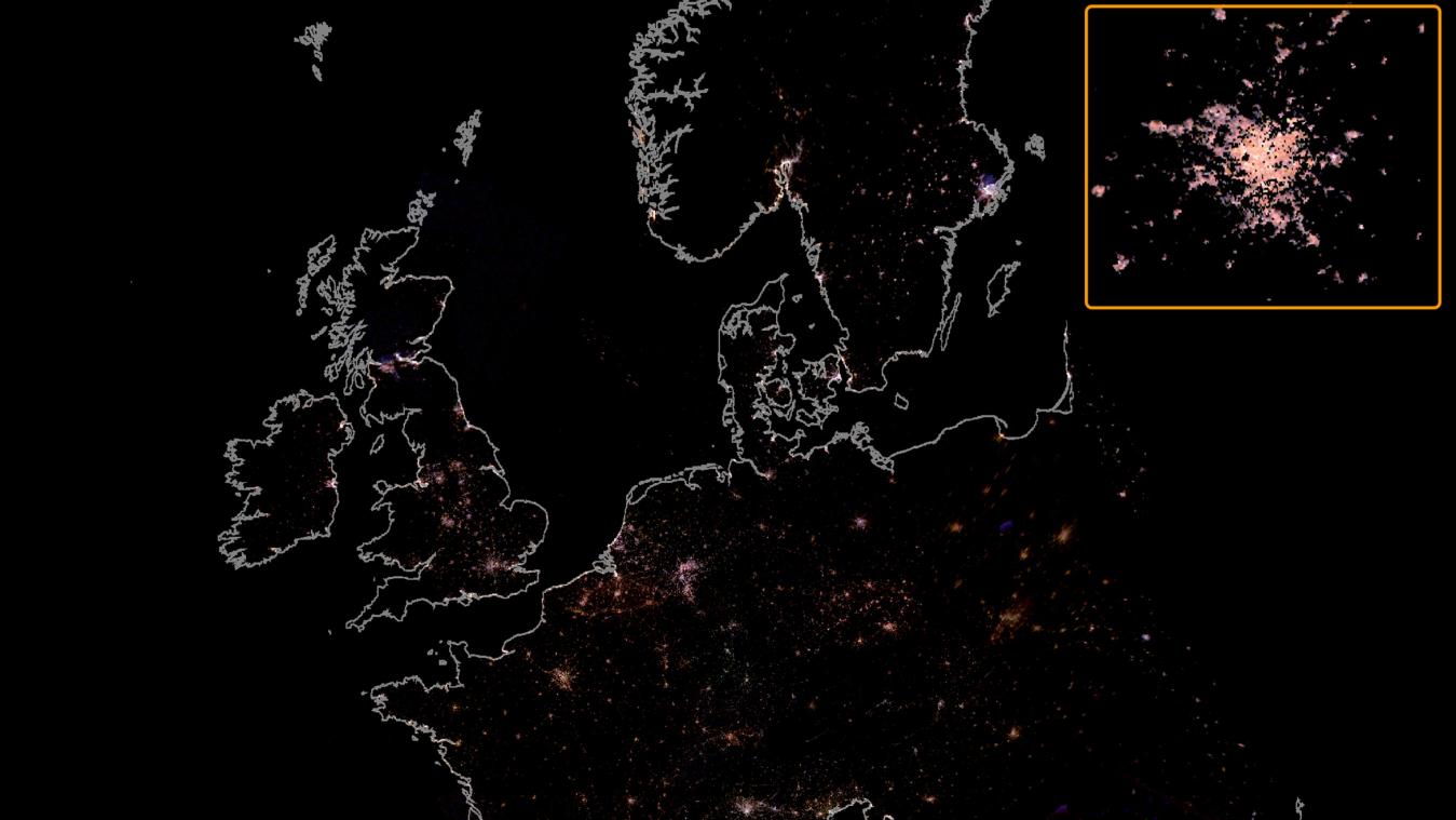 <p>Diese Karte wurde aus Bildern erstellt, die von der ISS aus aufgenommen wurden. Die Bilder wurden kalibriert und mit einem räumlichen Mosaik versehen. Paris wird oben rechts als Beispiel gezeigt.</p>