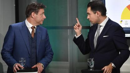 <p>Elefantenrunde des flämischen Fernsehsenders VRT: die Parteipräsidenten Bart De Wever (N-VA, l.) und Tom Van Grieken (Vlaams Belang).</p>