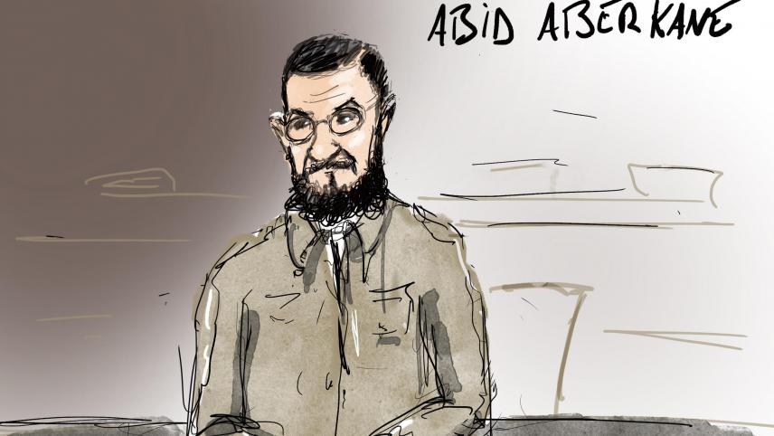 <p>Gerichtszeichnung von Abid Aberkane, der dem flüchtigen Salah Abdeslam Unterschlupf gewährte,</p>